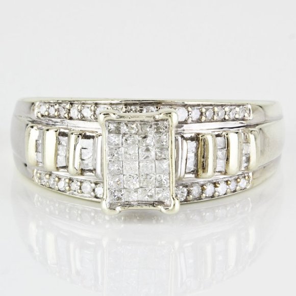 10K White Gold Princess Round Baguette Diamond Wedding Anniversary Cocktail Ring